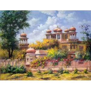 Hanif Shahzad, Mohatta Palace -Karachi, 27 x 36 Inch, Oil on Canvas, Cityscape Painting, AC-HNS-090